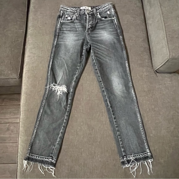 AMO Babe Button Fly Crop Jeans in Vixen Destroy Faded Black Wash Raw Release Hem - Picture 3 of 9